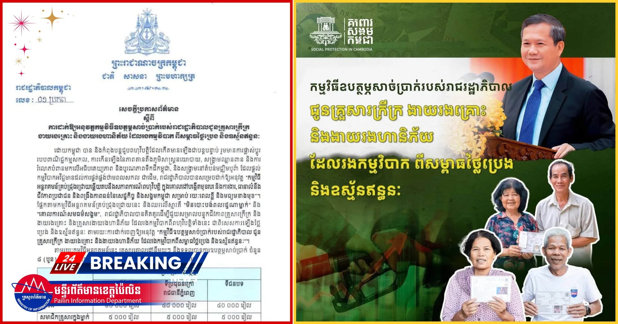 សម្តេចមហាបវរធិបតី ហ៊ុន ម៉ាណែត សម្រេចដាក់ចេញនូវ កម្មវិធីឧបត្ថម្ភសាច់ប្រាក់របស់រាជរដ្ឋាភិបាល ជូនគ្រួសារក្រីក្រ ងាយរងគ្រោះ និងងាយរងហានិភ័យ ដែលរងកម្មវិបាកពីសម្ពាធថ្លៃប្រេង និងឧស្ម័នឥន្ធនៈ ដែលបើកផ្តល់ប្រាក់ឧបត្ថម្ភចាប់ពីថ្ងៃទី២៥ ខែកញ្ញា ឆ្នាំ២០២៦ នេះ