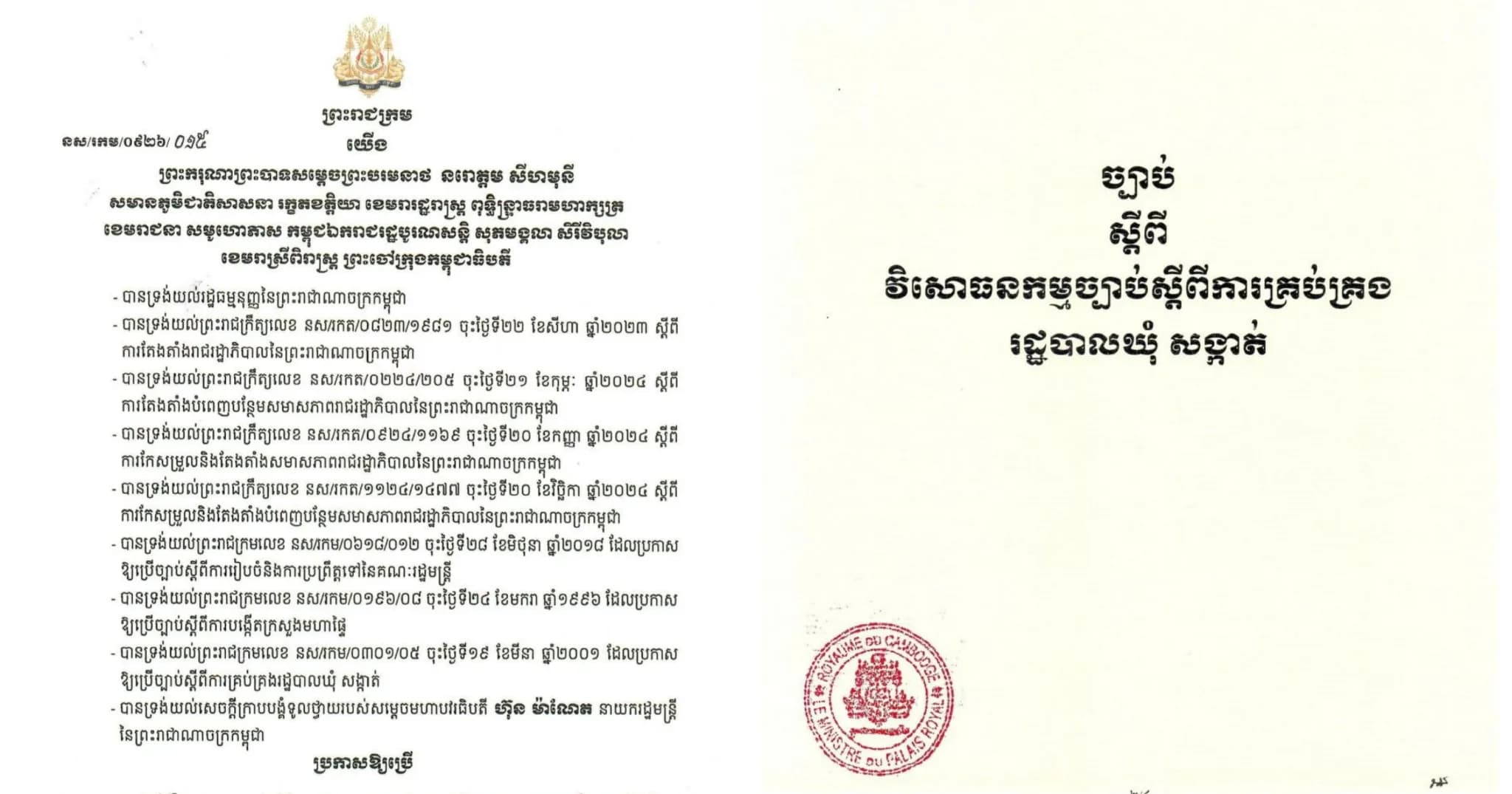 ព្រះរាជក្រម ស្តីពី ច្បាប់វិសោធនកម្មច្បាប់ស្តីពីការគ្រប់គ្រង រដ្ឋបាលឃុំ សង្កាត់